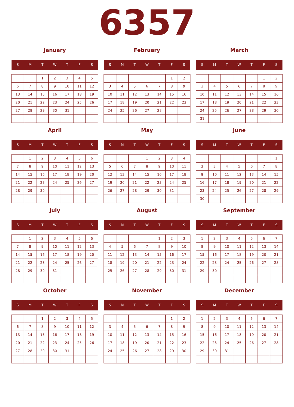 Printable 6357 Year Calendars falu