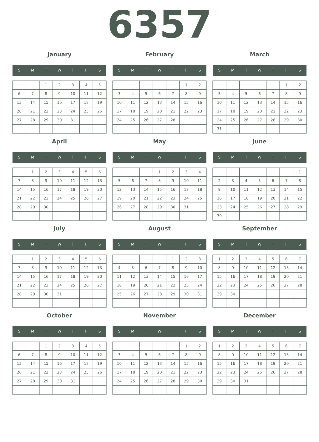 Printable 6357 Year Calendars feldgrau