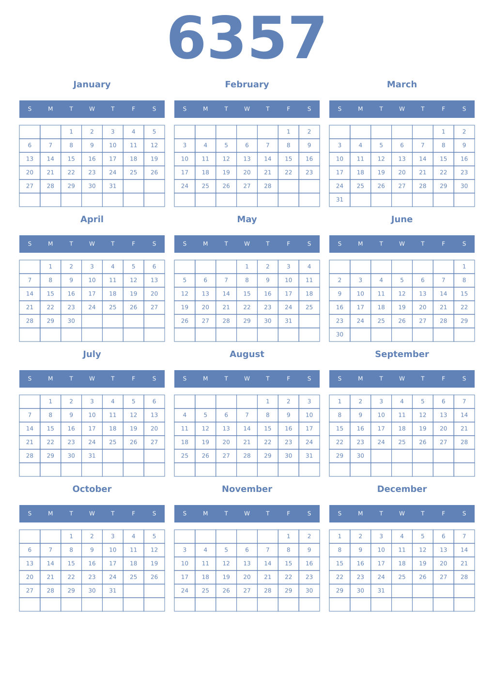 Printable 6357 Year Calendars glaucous
