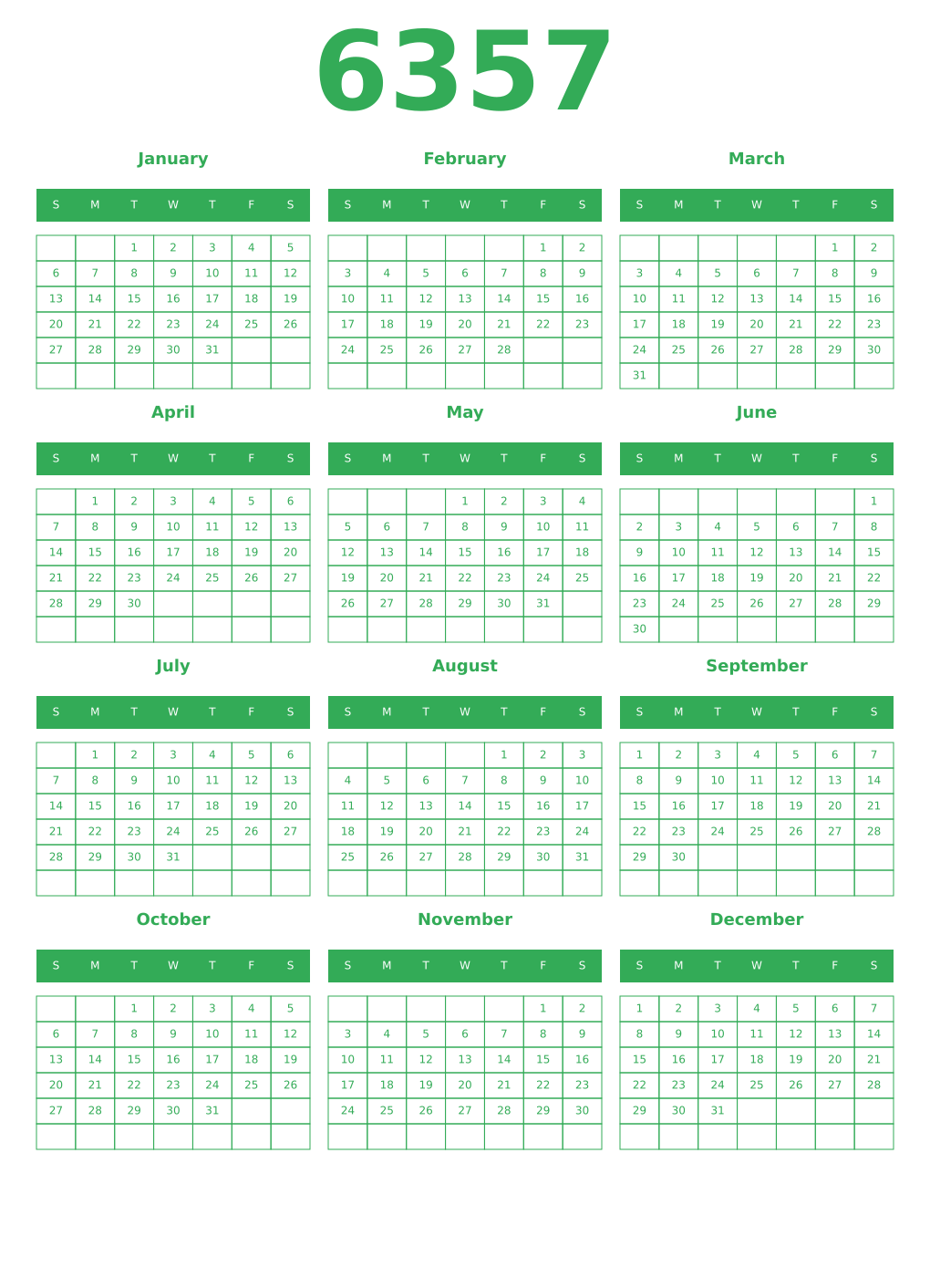 Printable 6357 Year Calendars green