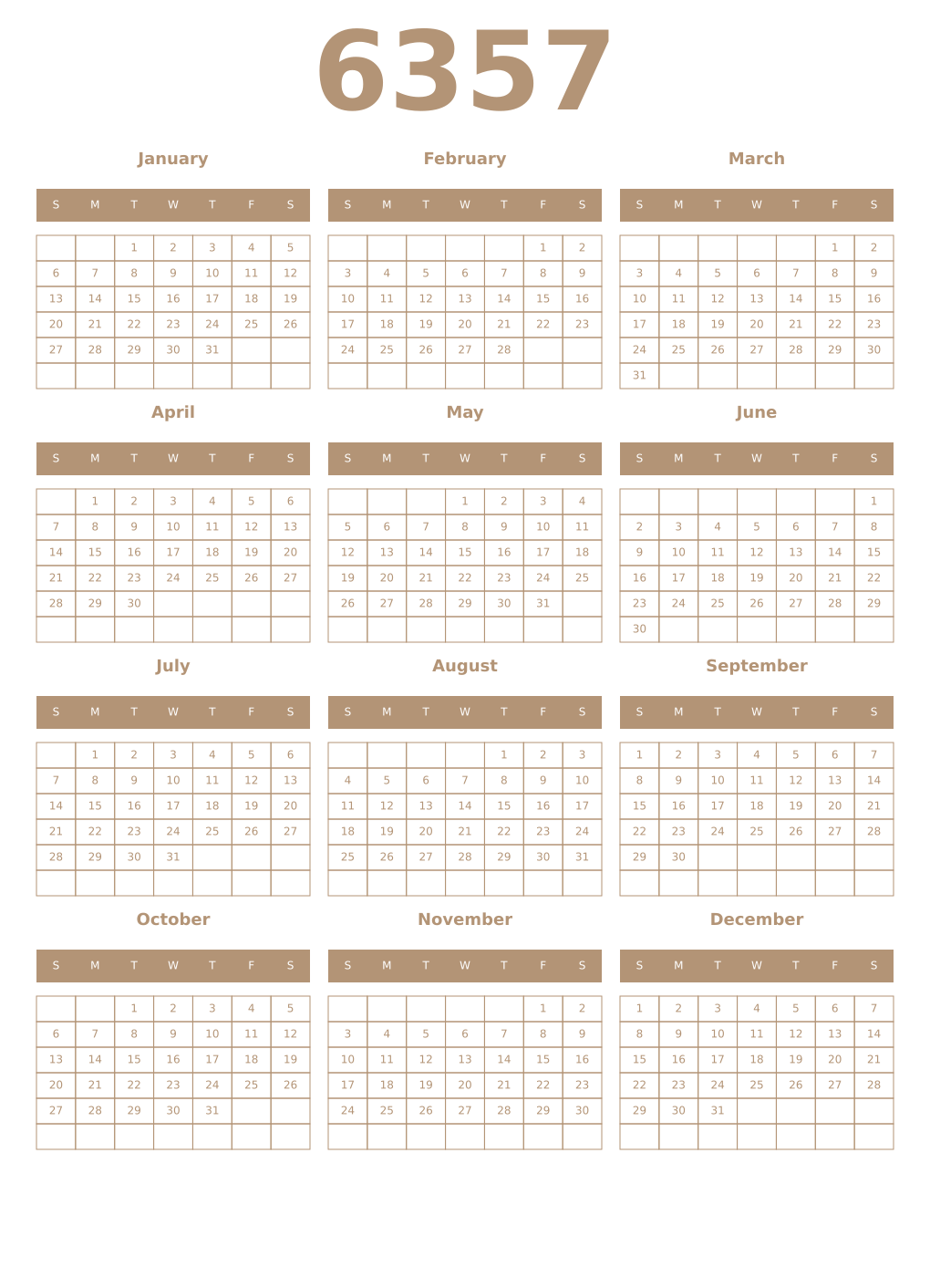Printable 6357 Year Calendars isabelline