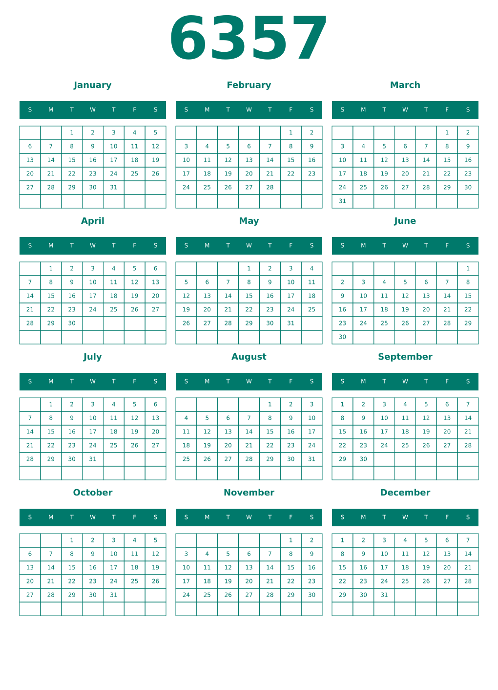 Printable 6357 Year Calendars pastel