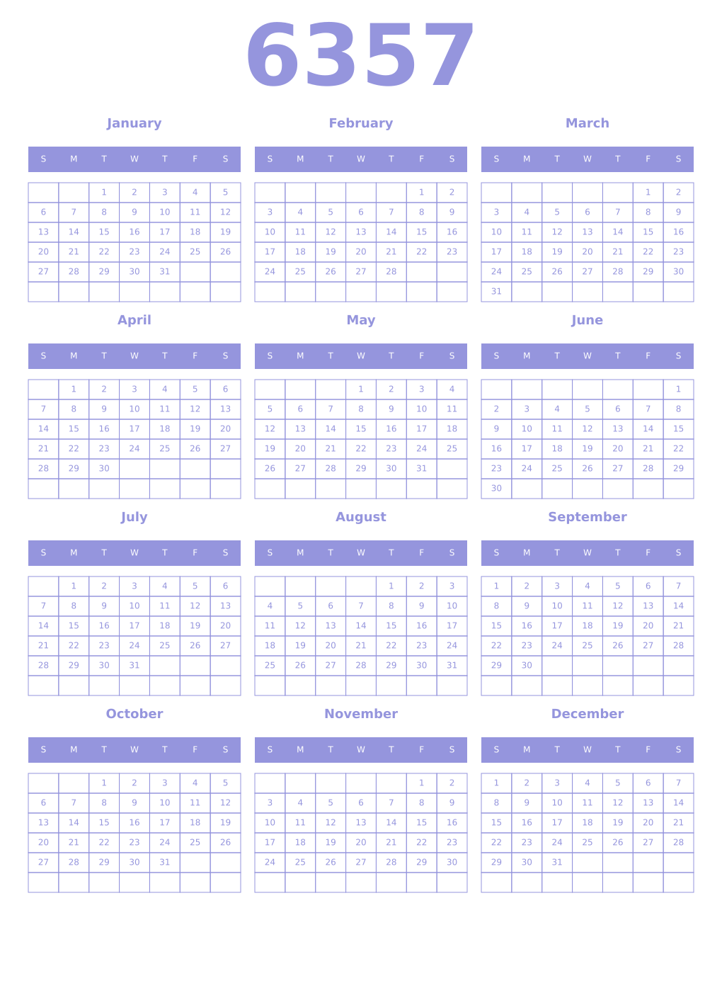 Printable 6357 Year Calendars periwinkle