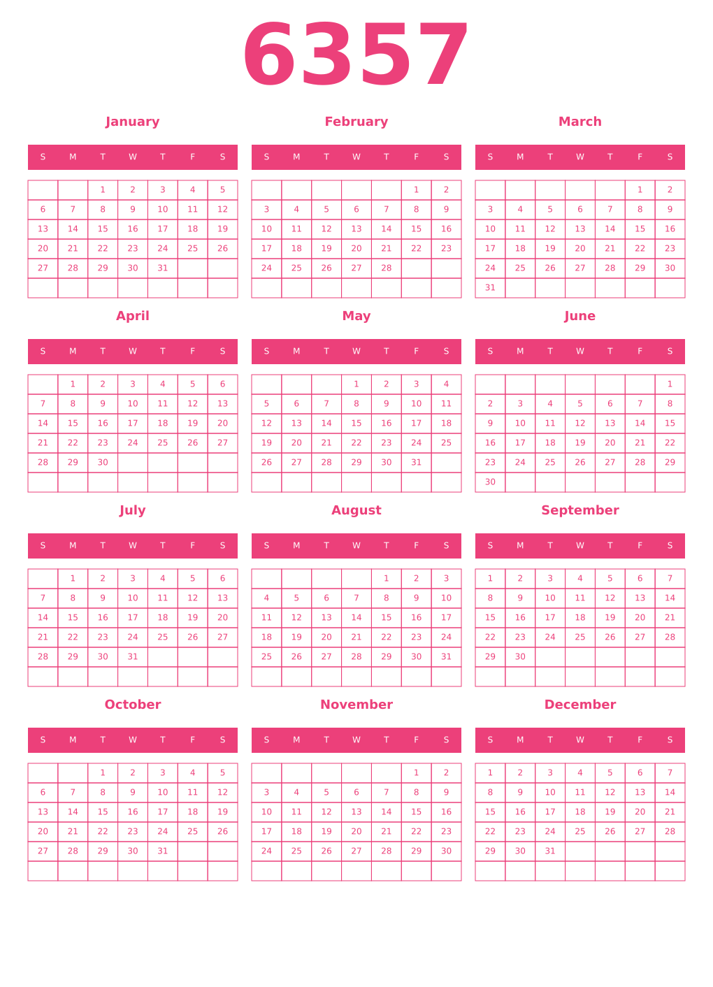 Printable 6357 Year Calendars pink