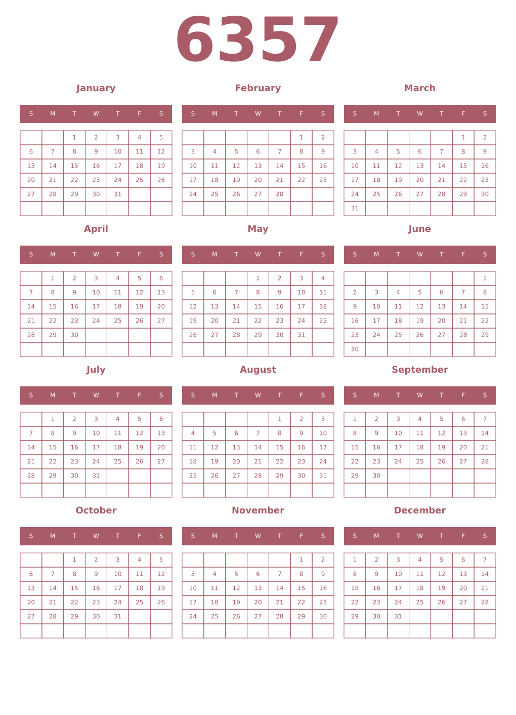 Printable 6357 Year Calendars puce