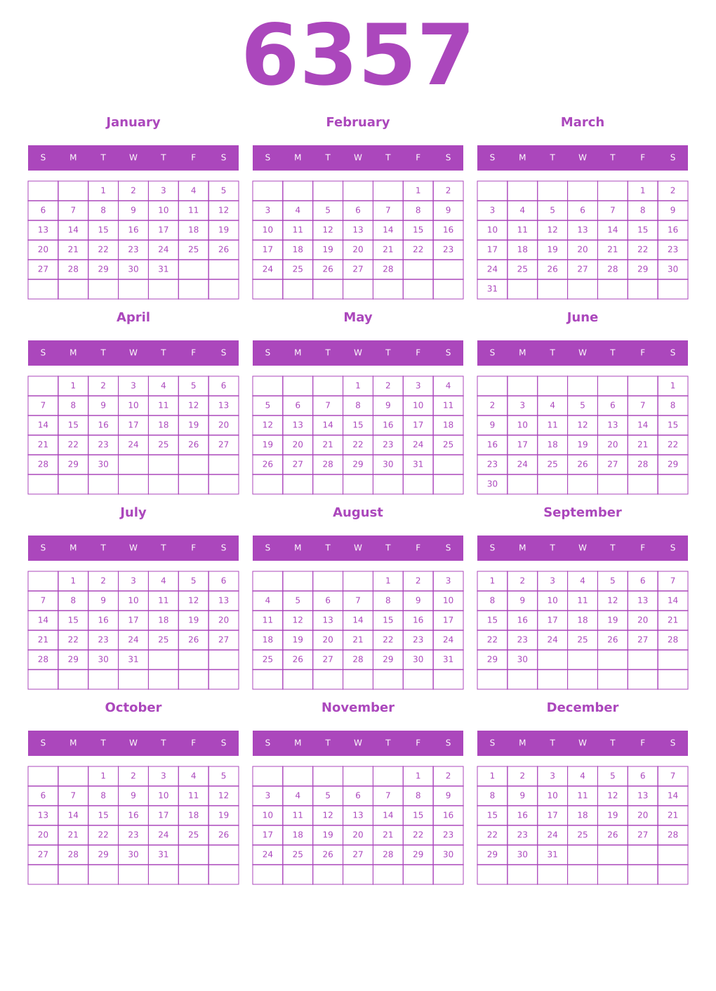 Printable 6357 Year Calendars purple