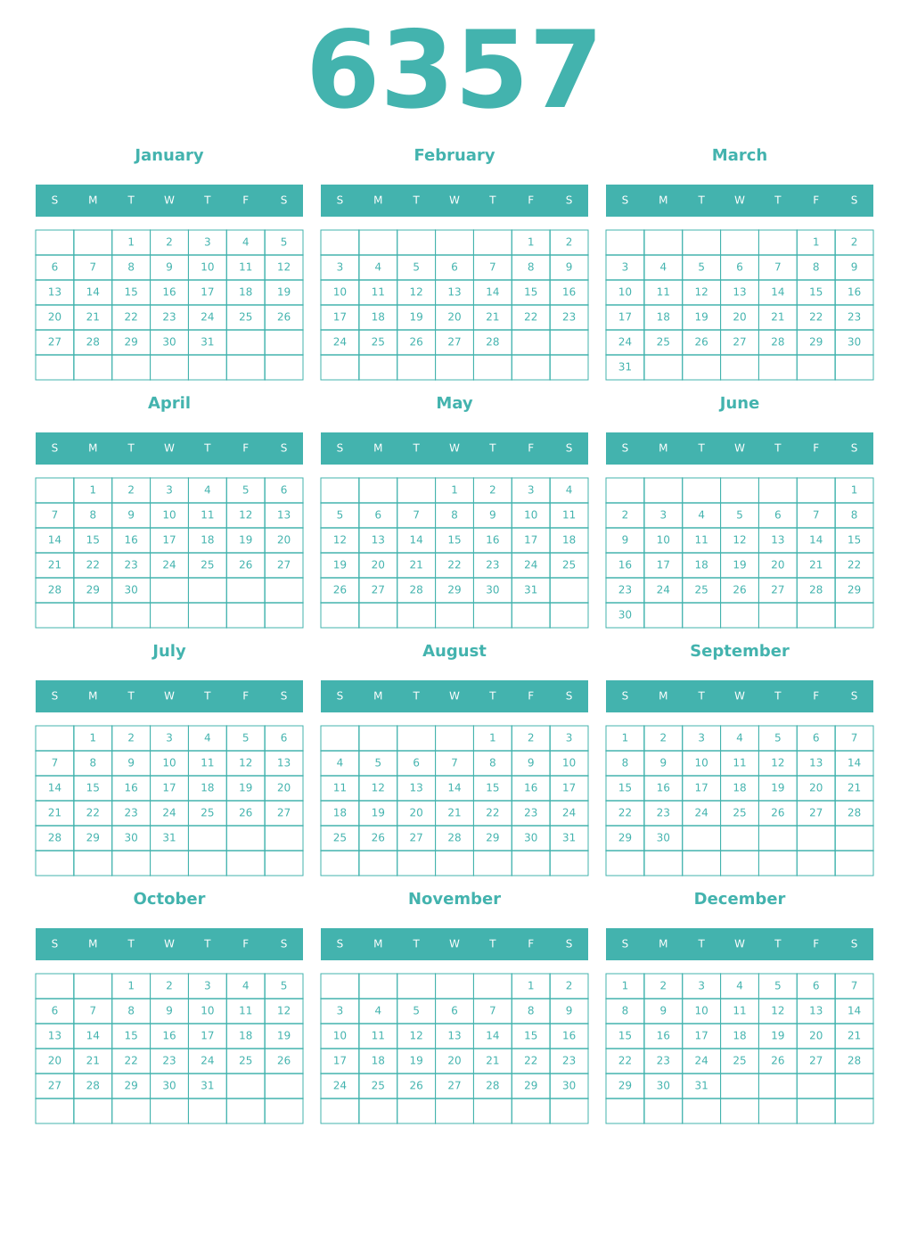 Printable 6357 Year Calendars verdigris
