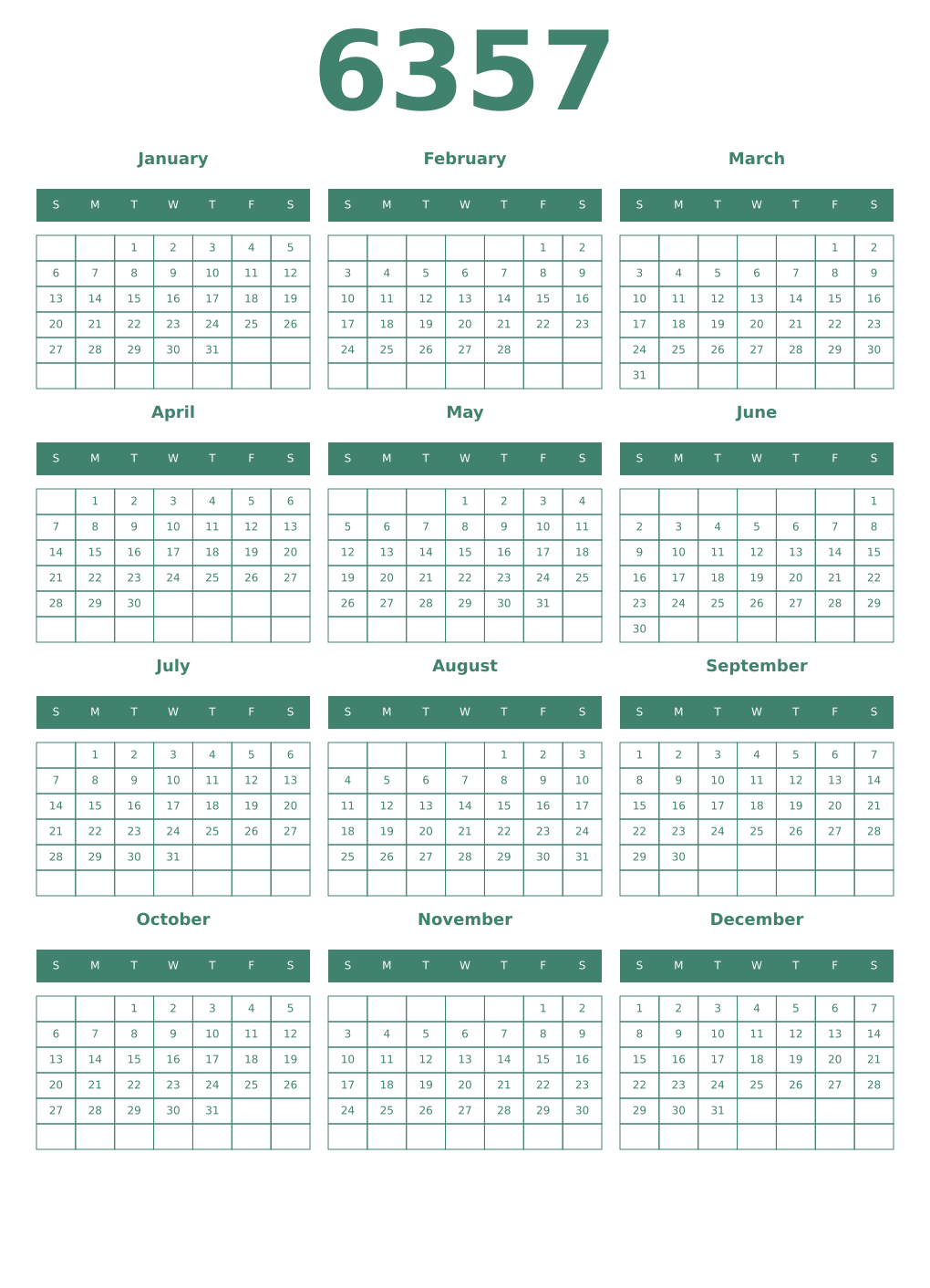 Printable 6357 Year Calendars viridian