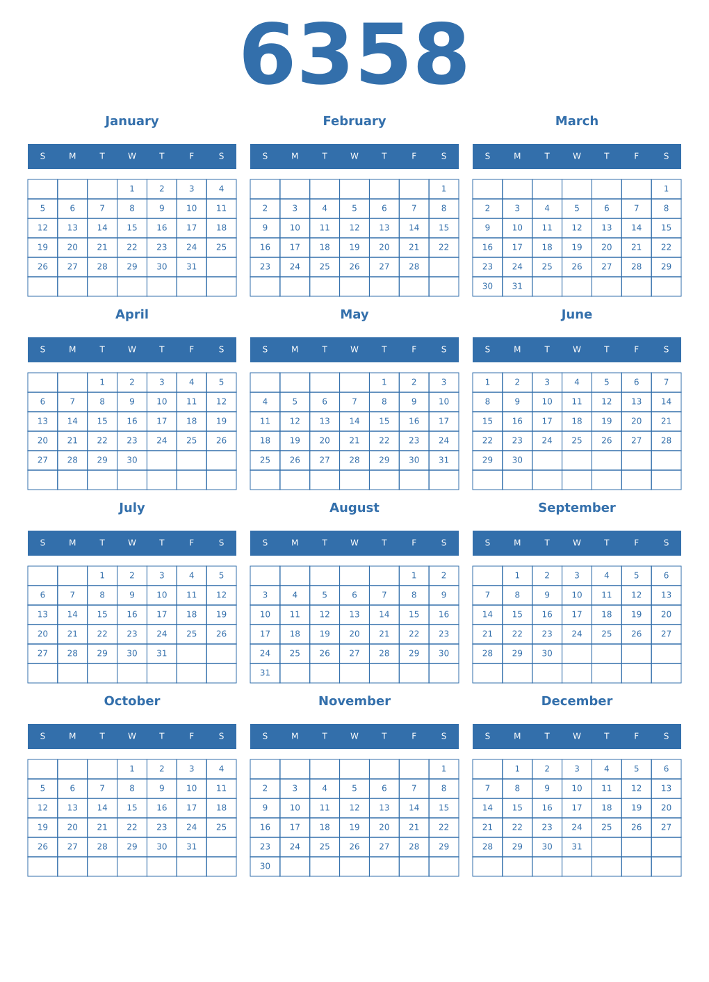 Printable 6358 Year Calendars blue