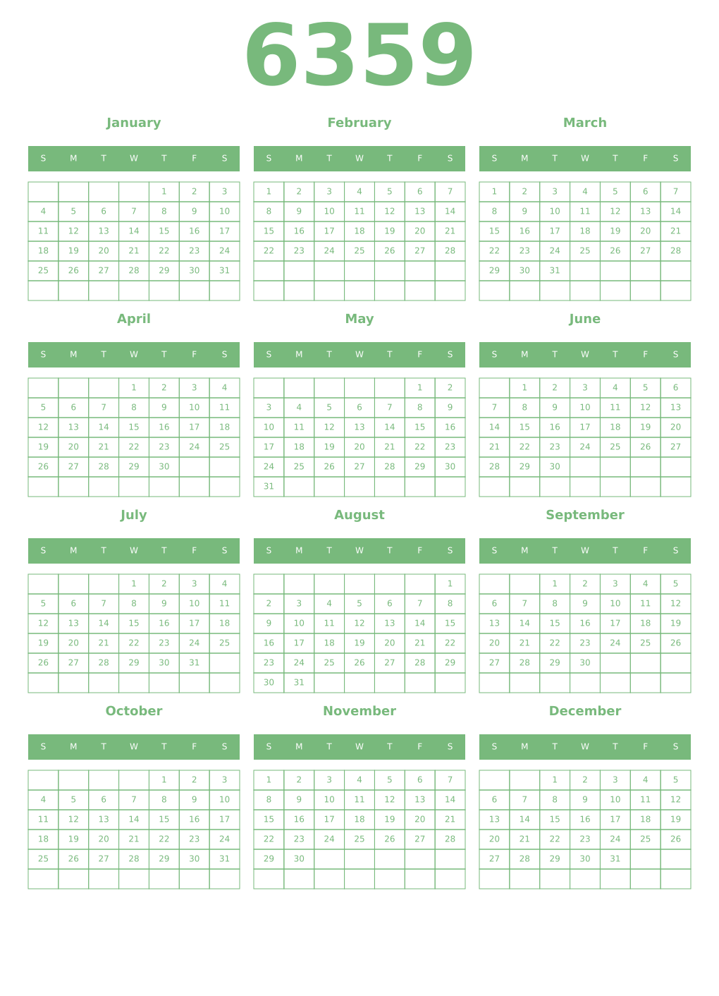Printable 6359 Year Calendars celadon