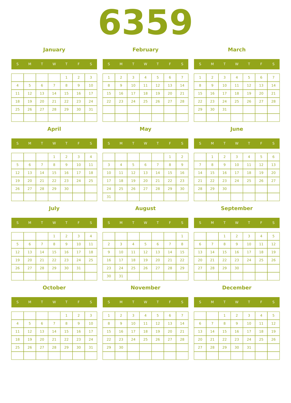 Printable 6359 Year Calendars chartreuse