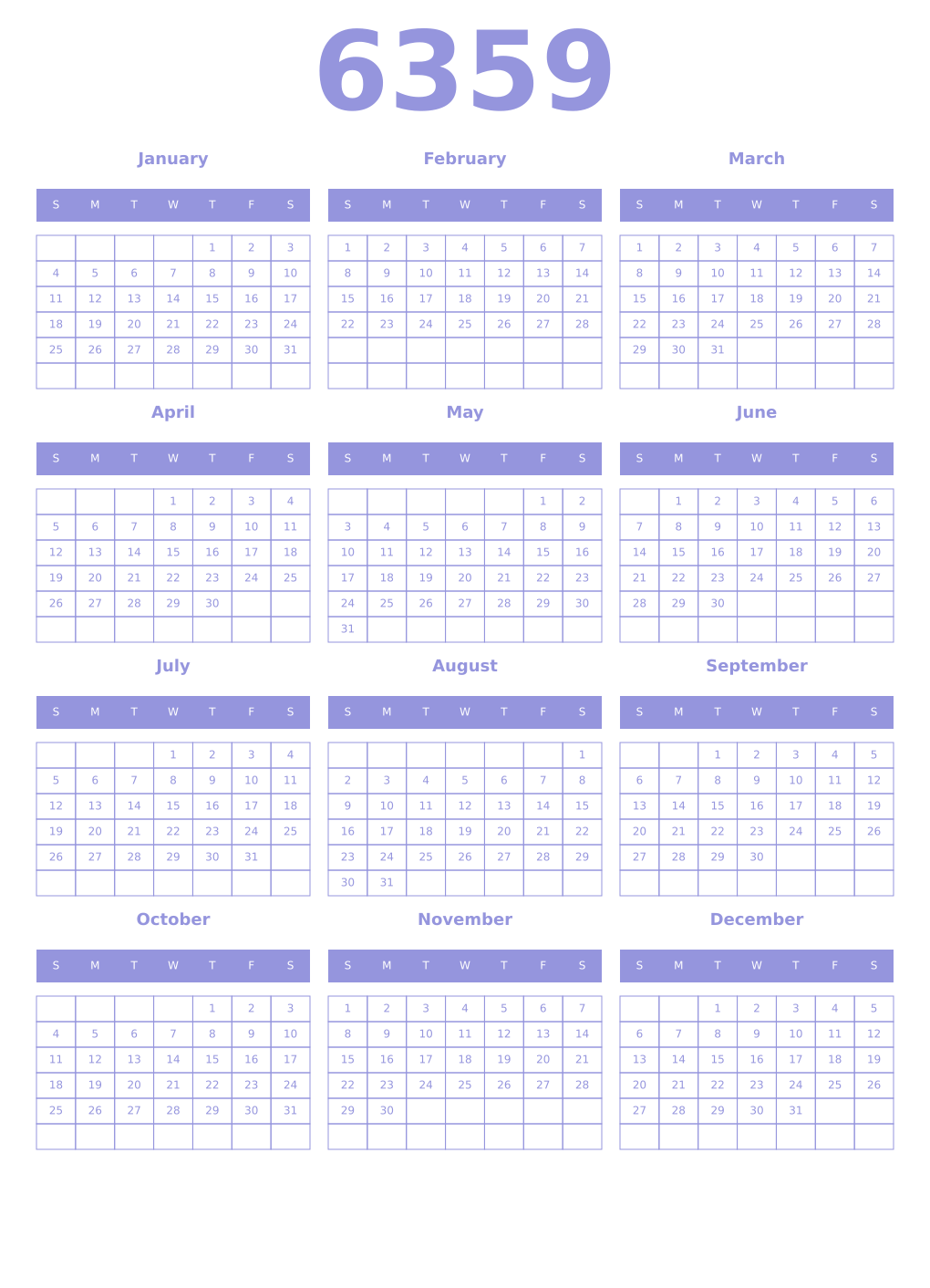 Printable 6359 Year Calendars periwinkle