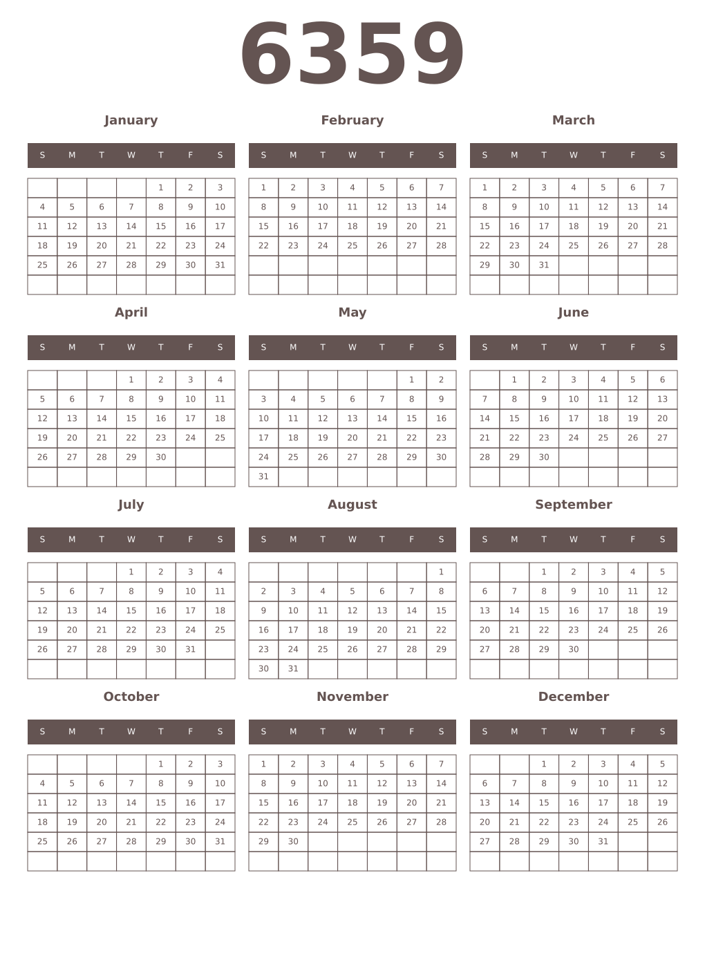 Printable 6359 Year Calendars wenge