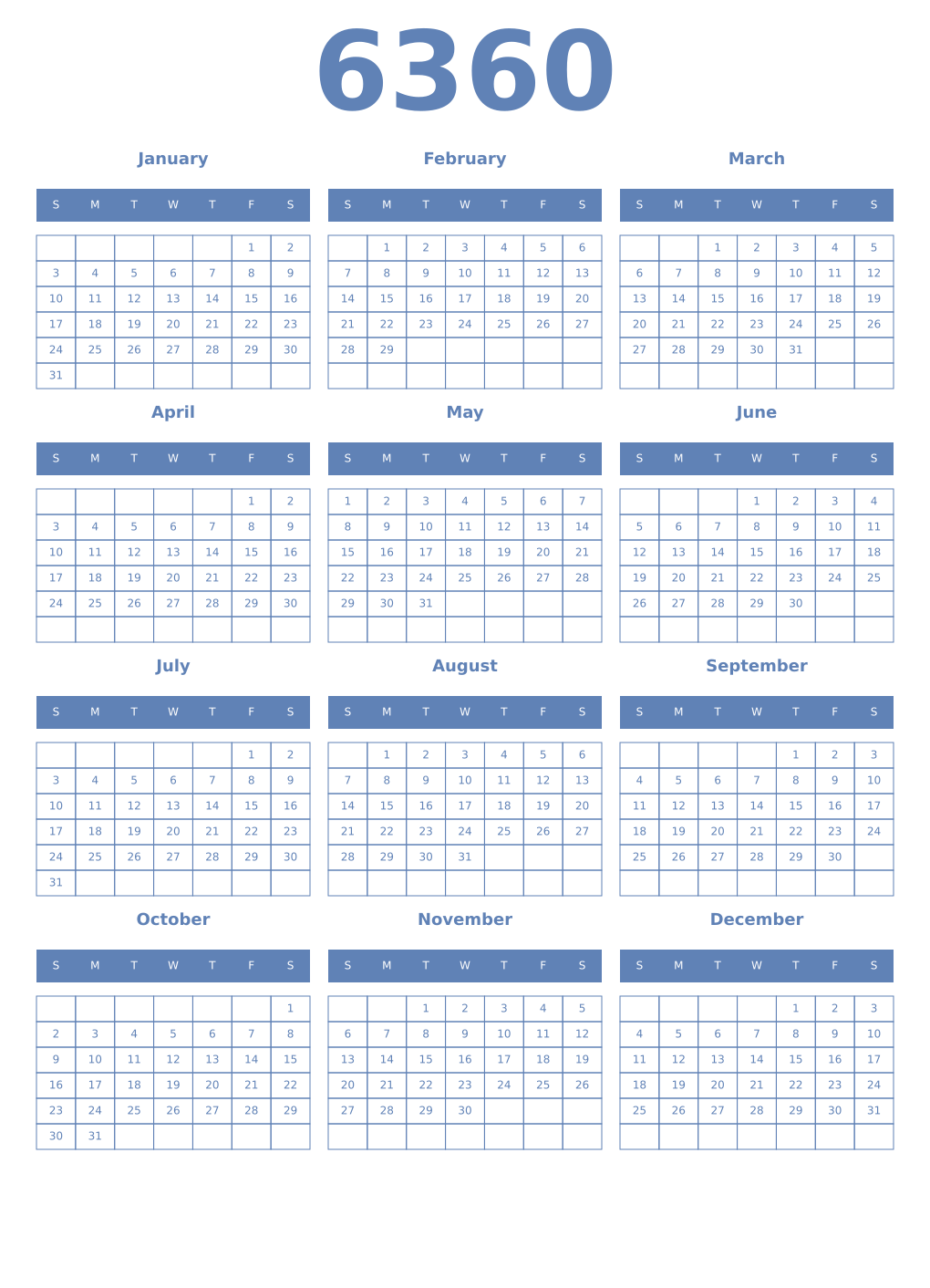 Printable 6360 Year Calendars glaucous