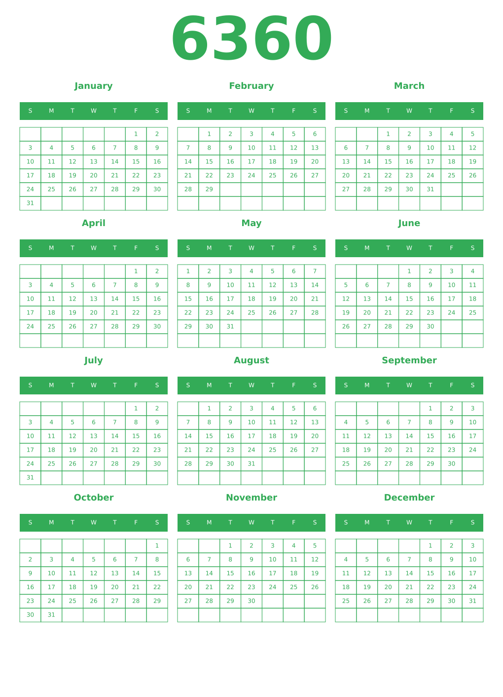 Printable 6360 Year Calendars green