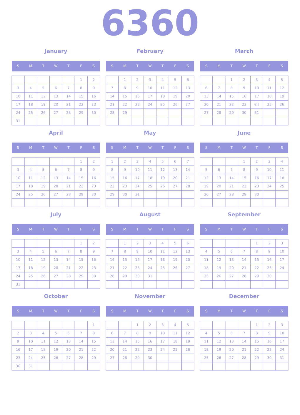 Printable 6360 Year Calendars periwinkle