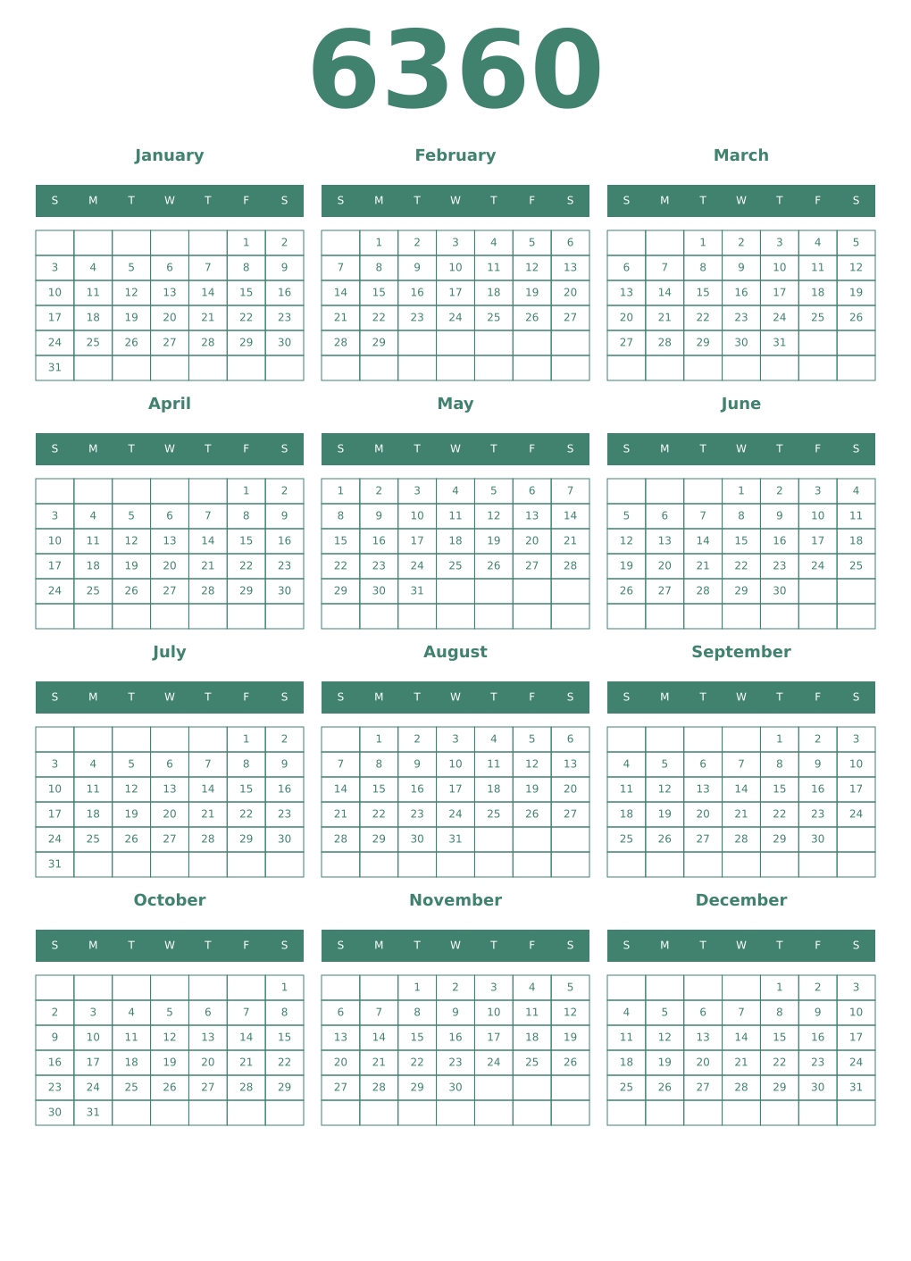 Printable 6360 Year Calendars viridian