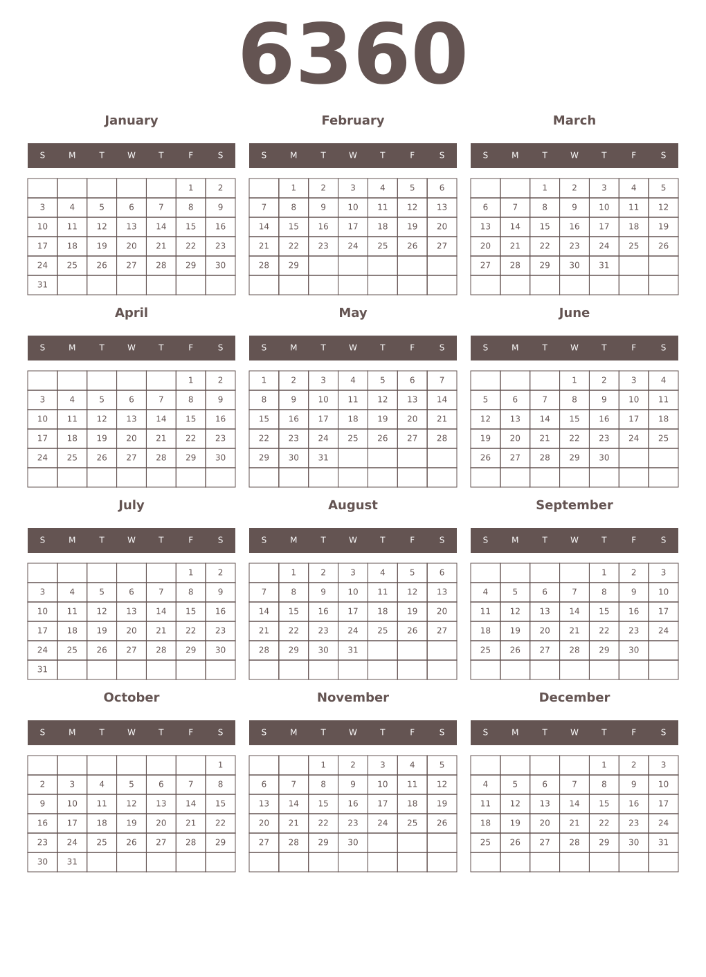 Printable 6360 Year Calendars wenge