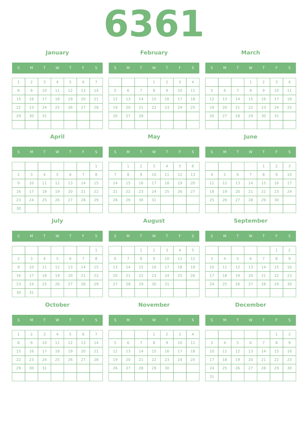 Printable 6361 Year Calendars celadon