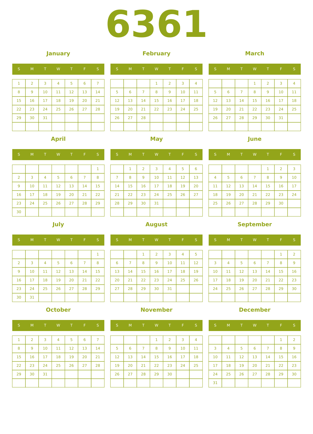 Printable 6361 Year Calendars chartreuse