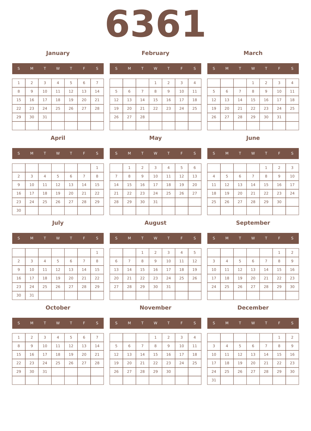 Printable 6361 Year Calendars coffe