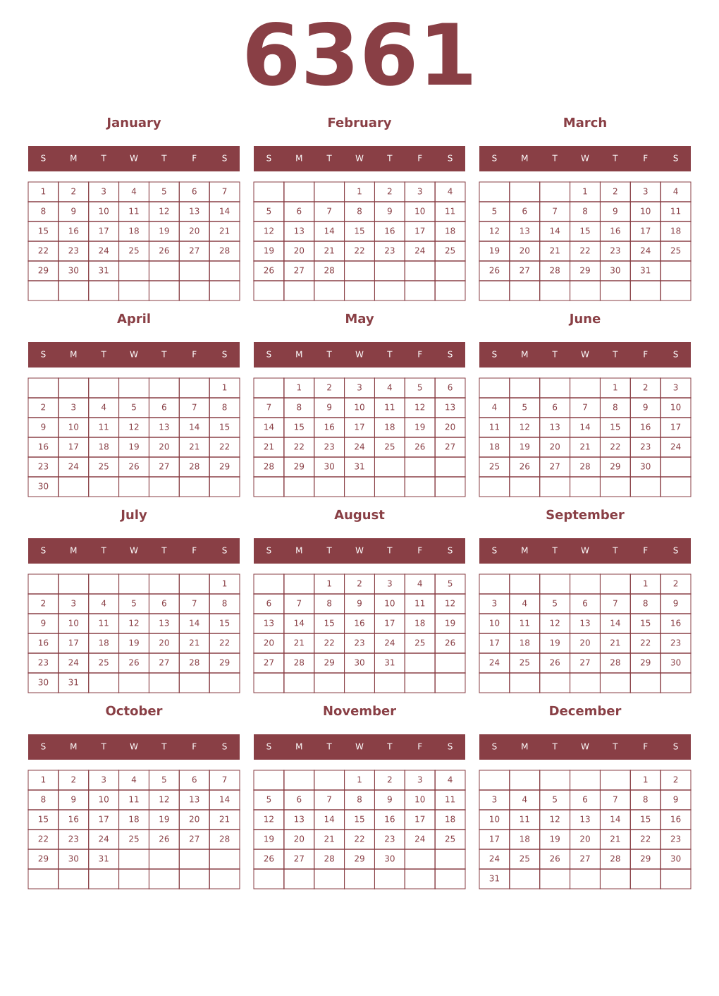 Printable 6361 Year Calendars cordovan