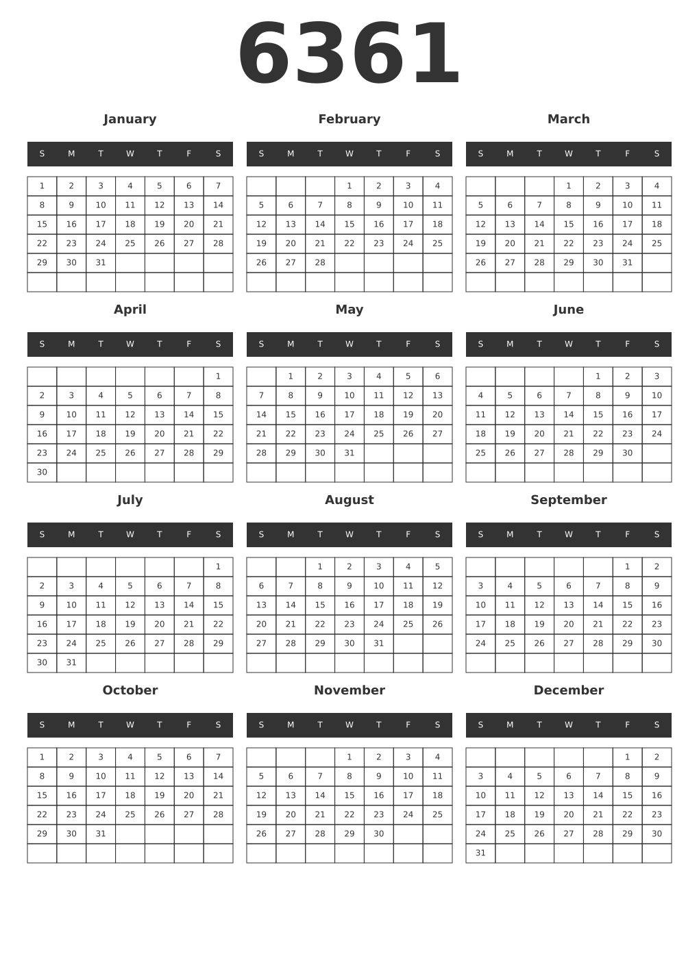 Printable 6361 Year Calendars dark