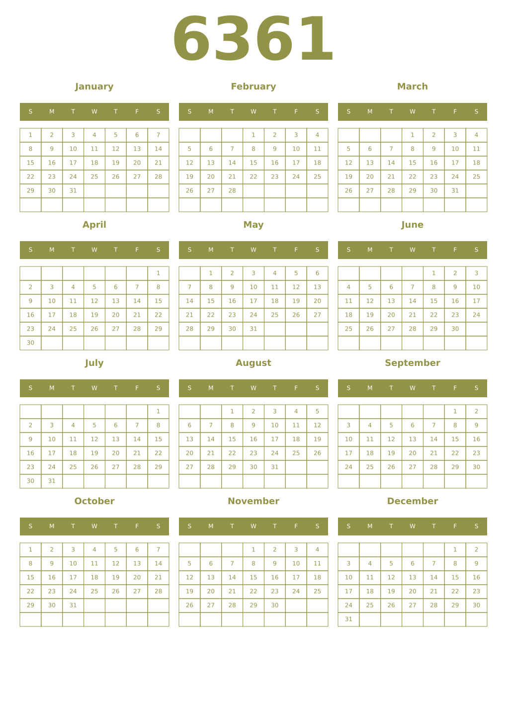 Printable 6361 Year Calendars eburnean