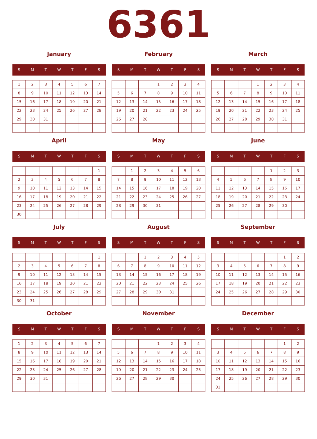 Printable 6361 Year Calendars falu