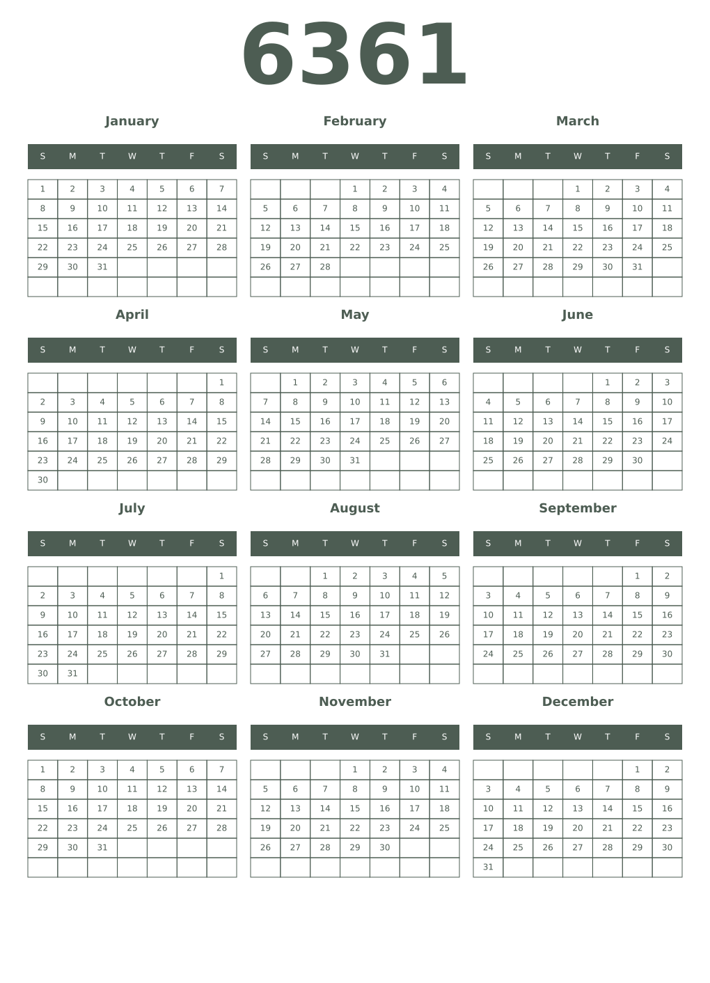 Printable 6361 Year Calendars feldgrau