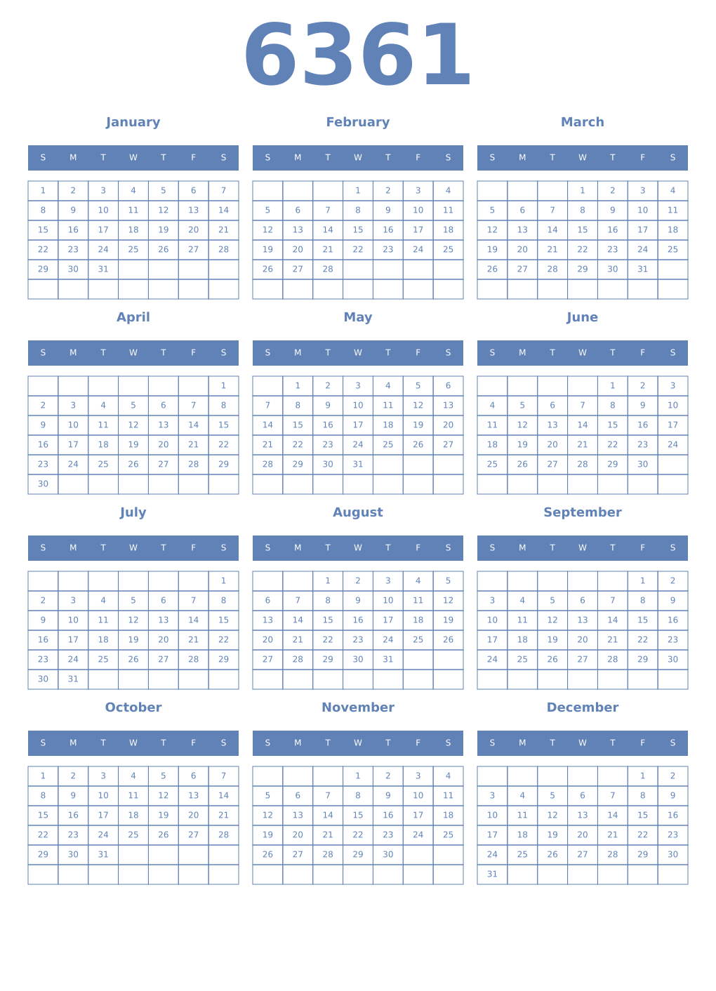 Printable 6361 Year Calendars glaucous