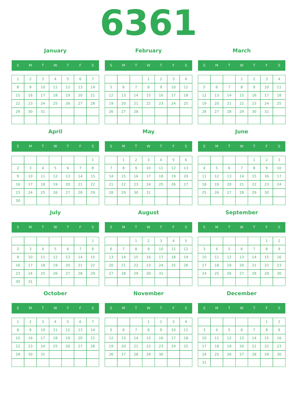Printable 6361 Year Calendars green