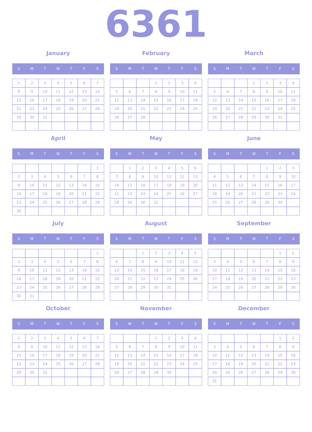 Printable 6361 Year Calendars periwinkle