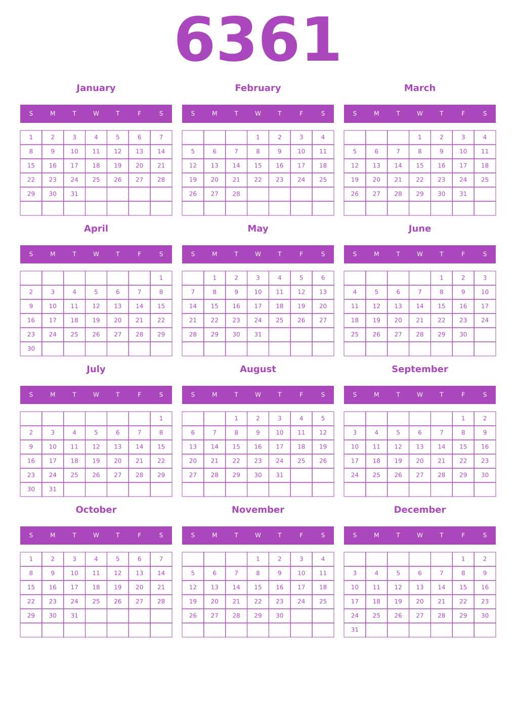 Printable 6361 Year Calendars purple