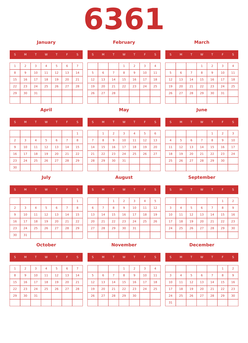 Printable 6361 Year Calendars red