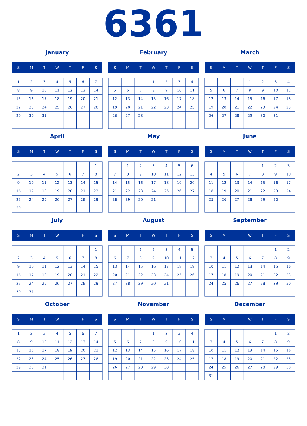 Printable 6361 Year Calendars smalt