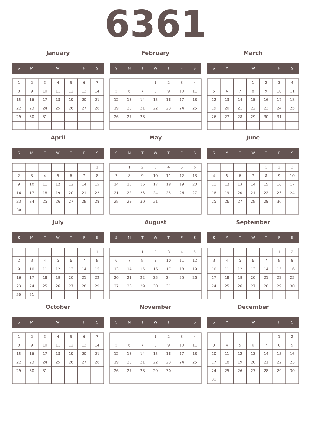 Printable 6361 Year Calendars wenge