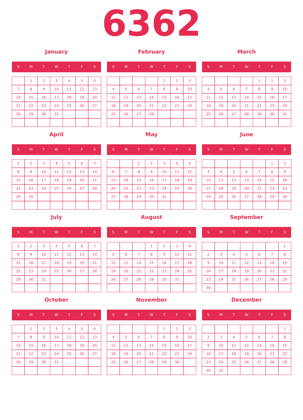 Printable 6362 Year Calendars amaranth