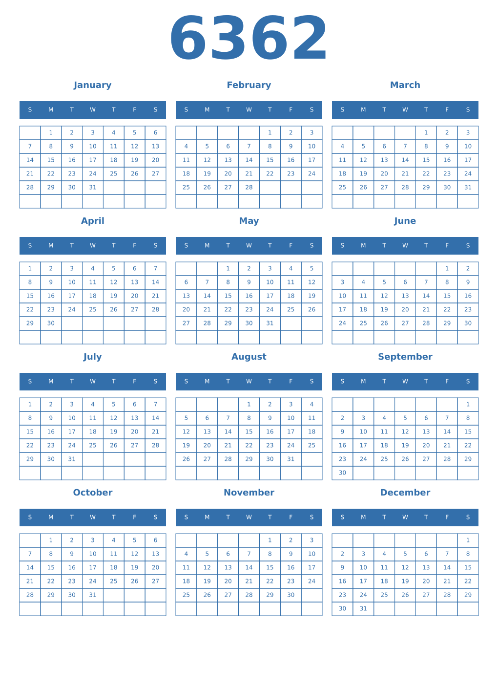 Printable 6362 Year Calendars blue