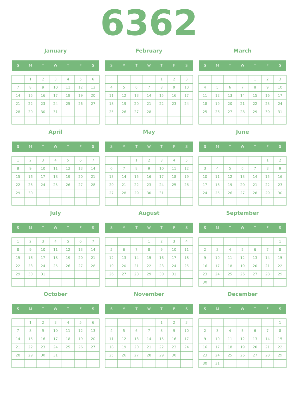 Printable 6362 Year Calendars celadon