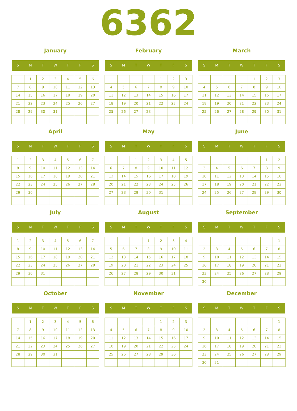 Printable 6362 Year Calendars chartreuse