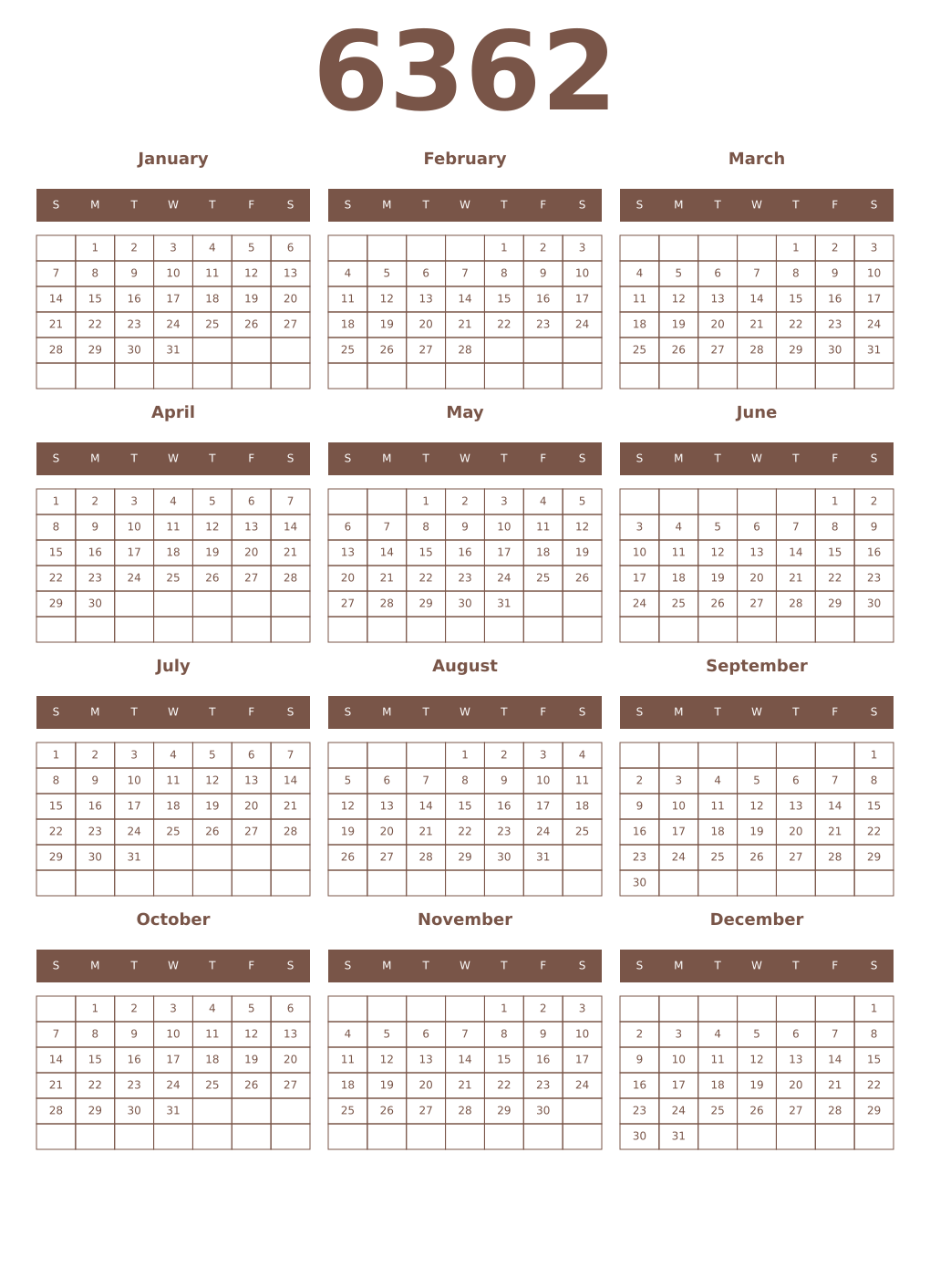 Printable 6362 Year Calendars coffe