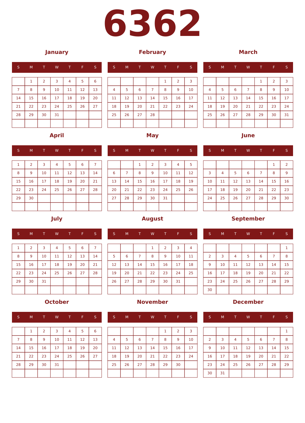 Printable 6362 Year Calendars falu