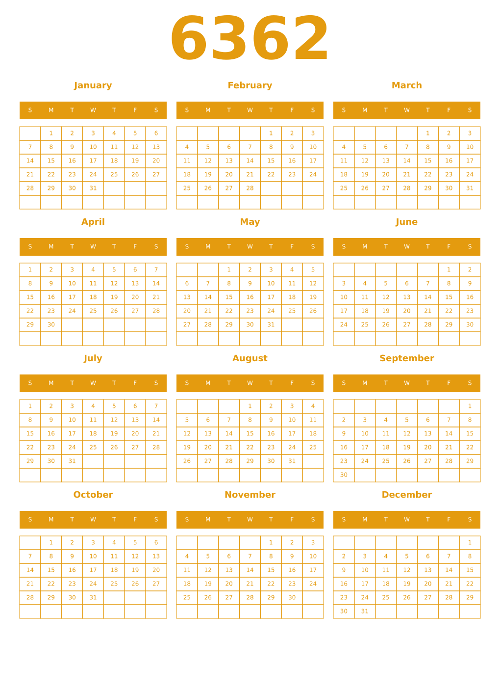 Printable 6362 Year Calendars gamboge