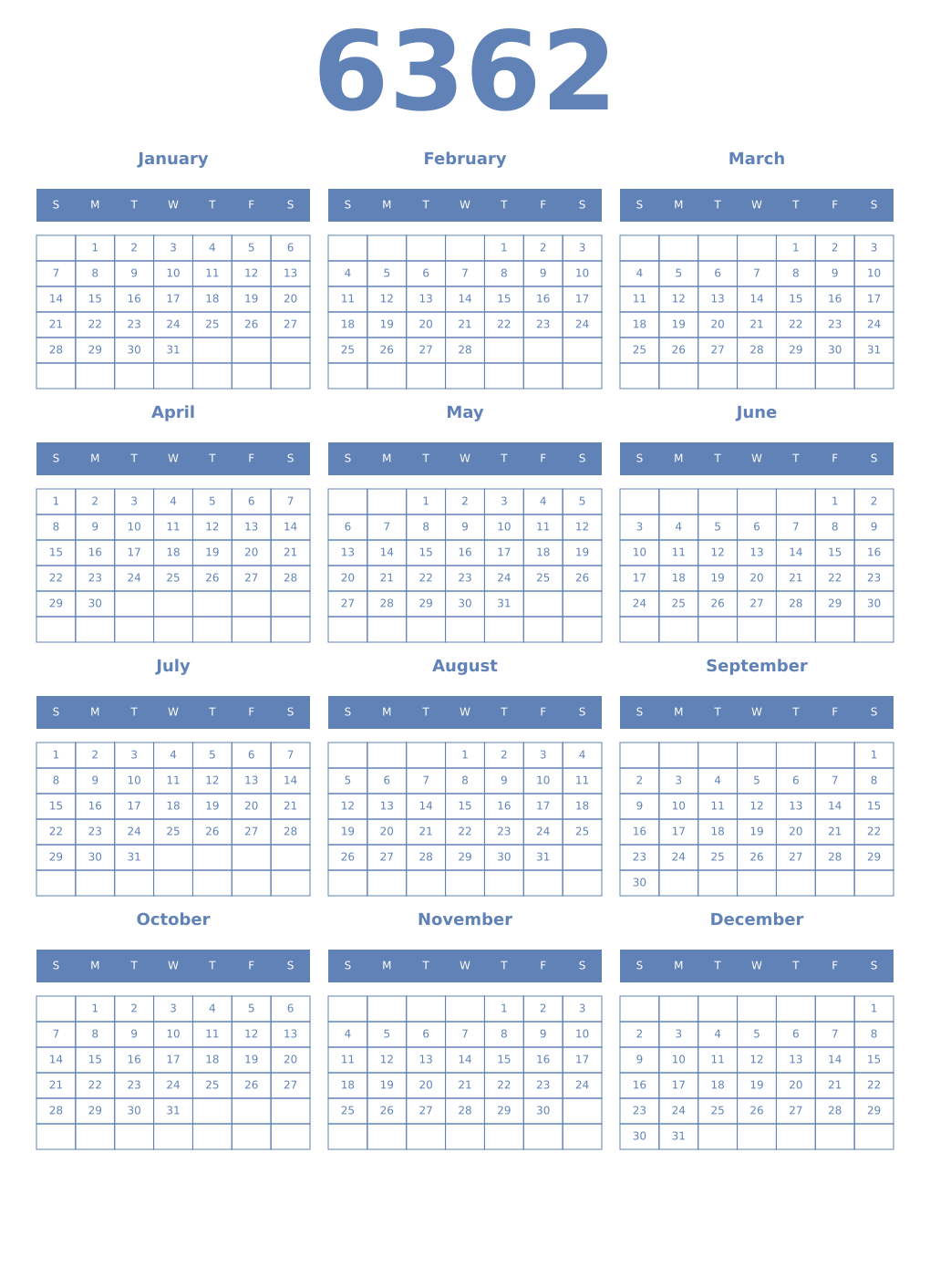 Printable 6362 Year Calendars glaucous