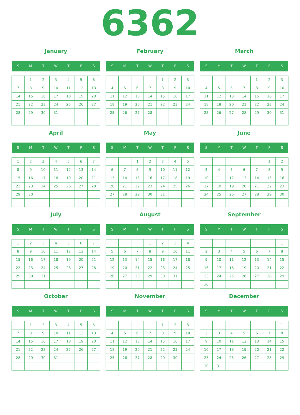 Printable 6362 Year Calendars green