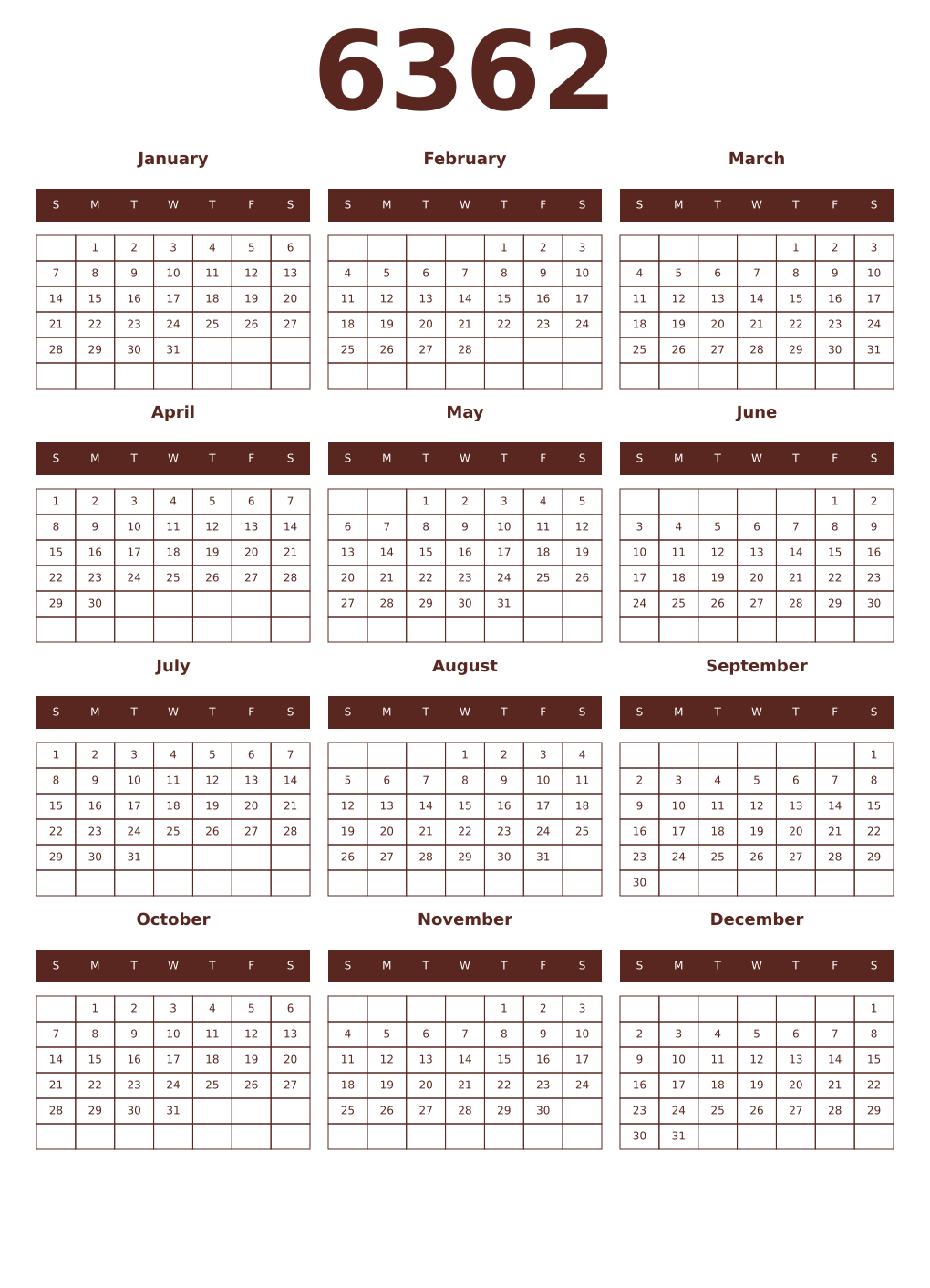 Printable 6362 Year Calendars mortuum