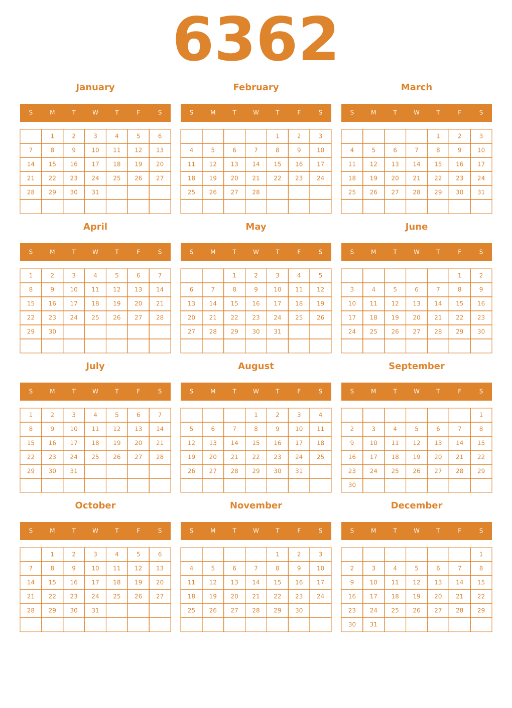 Printable 6362 Year Calendars orange