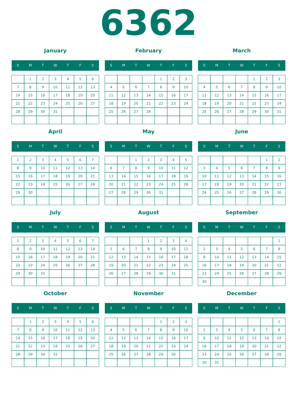 Printable 6362 Year Calendars pastel