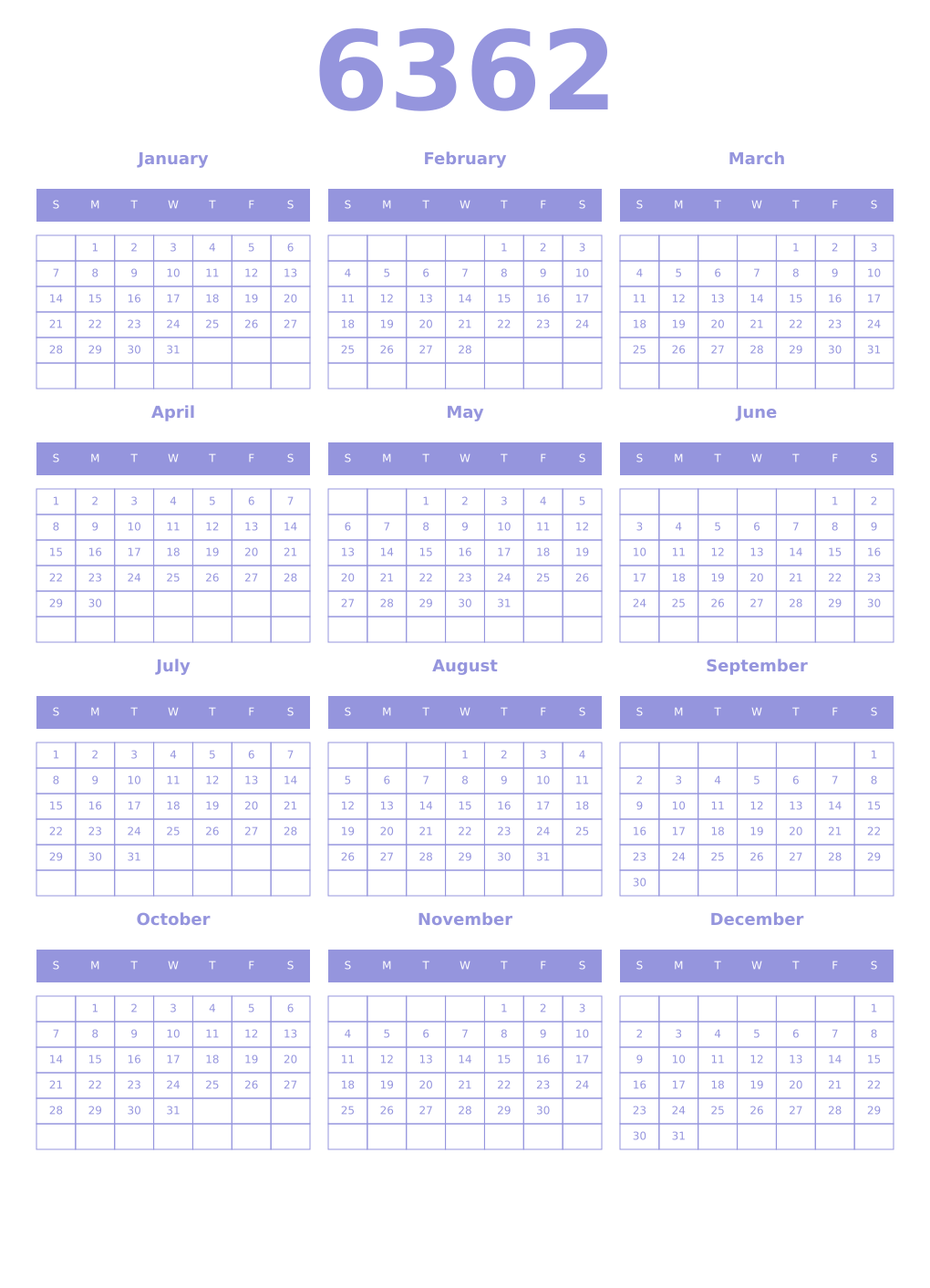 Printable 6362 Year Calendars periwinkle